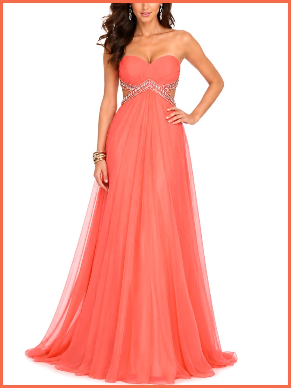 La Femme Strapless Coral Embellished Dress Gown